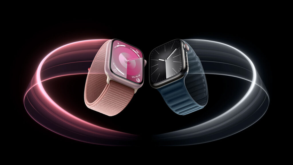 Apple Watch Series 9 in pink and navy black with matching sports bands